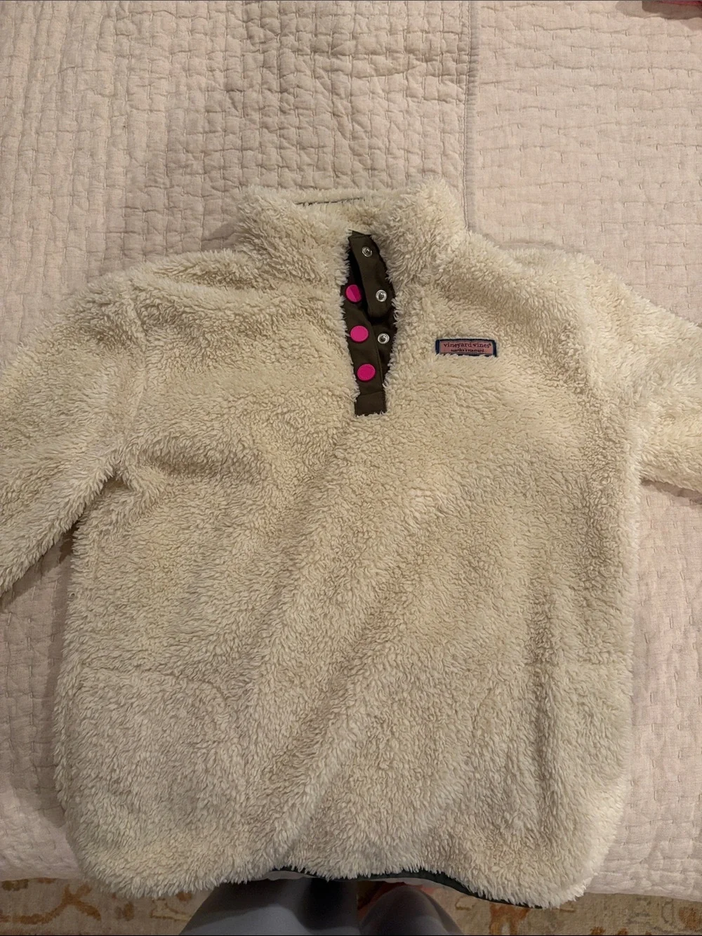 Vineyard Vines Cream Sherpa Pullover with Pink Snap Accents
